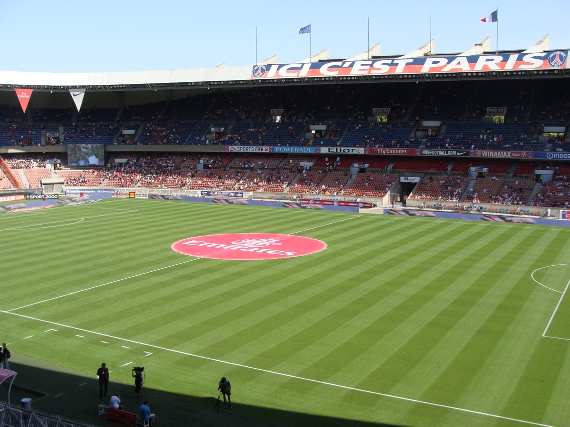 An archive view across the pitch towards the Ici c’est Paris stand at the Parc des Princes.