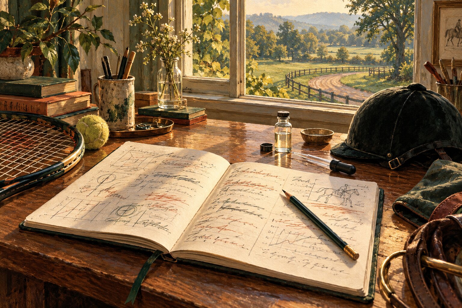 Painterly still life of a revised practice notebook, racket, laboratory tools and riding helmet beside a window overlooking a training path.